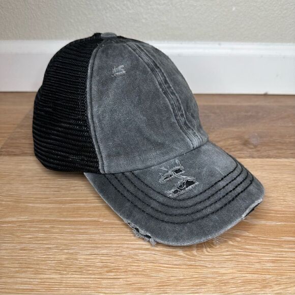 C.C Exclusives Gray Distressed Criss Cross Back Ponytail Hat - Picture 5 of 11